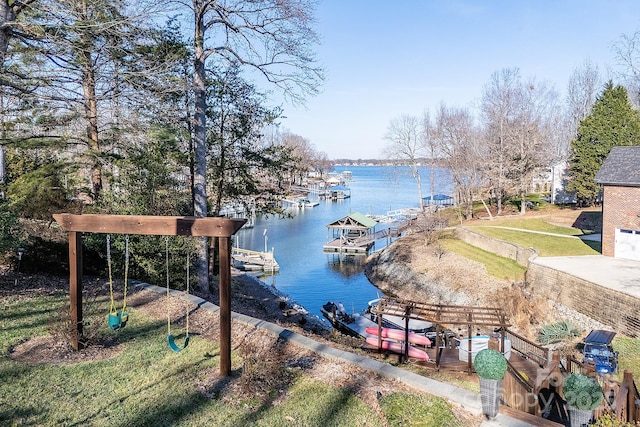 water view featuring a dock