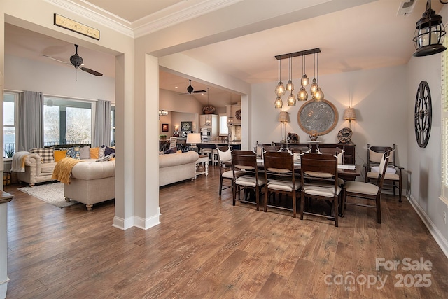 dining area with ceiling fan, ornamental molding, and wood-type flooring