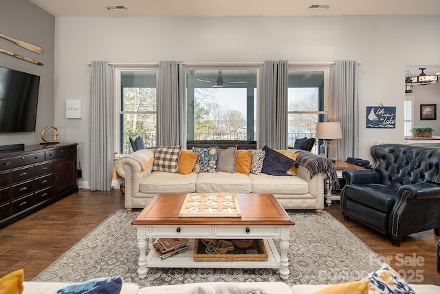 living room featuring dark wood-type flooring and a healthy amount of sunlight