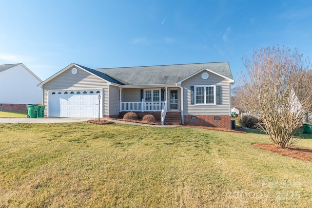 single story home featuring a garage, a front lawn, and covered porch