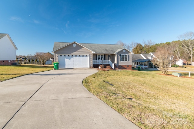 ranch-style home featuring a garage, a front yard, and a porch