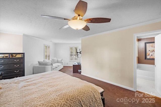 carpeted bedroom featuring ceiling fan, ornamental molding, and a textured ceiling