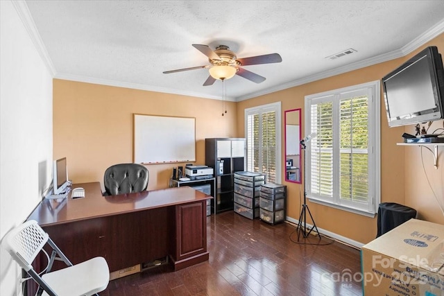 home office featuring crown molding, a textured ceiling, ceiling fan, and dark hardwood / wood-style flooring