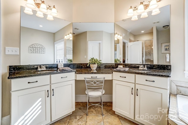 bathroom featuring plus walk in shower and vanity