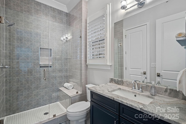 bathroom featuring vanity, toilet, and a shower with door