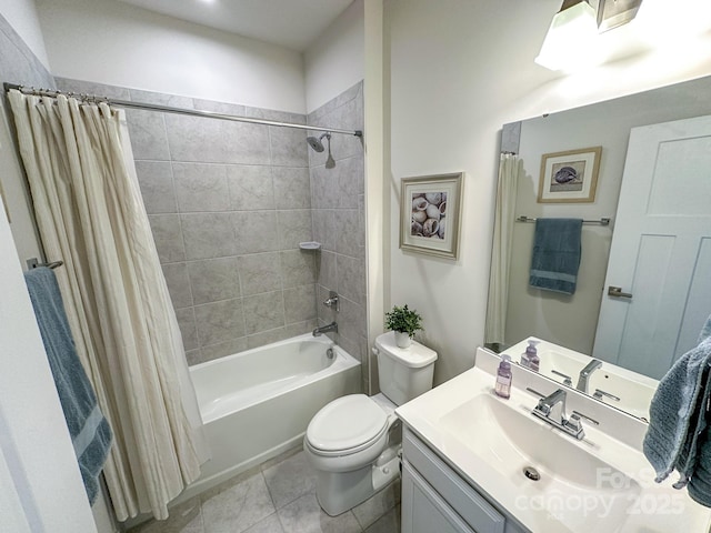 full bathroom featuring shower / tub combo with curtain, vanity, tile patterned floors, and toilet