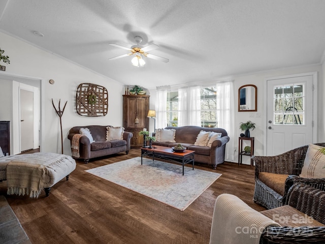 living room featuring ceiling fan, lofted ceiling, dark wood-type flooring, and a textured ceiling