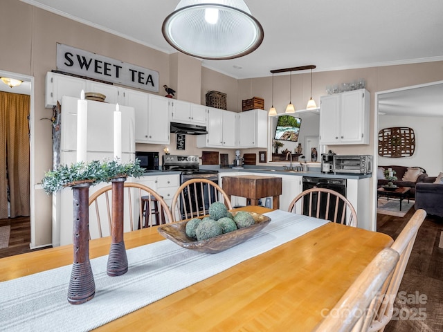 dining space featuring ornamental molding, dark hardwood / wood-style floors, and sink