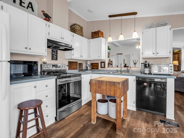 kitchen featuring white cabinetry, dark hardwood / wood-style floors, sink, and black appliances