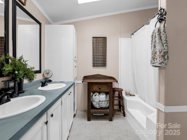 bathroom featuring tile patterned flooring, vanity, crown molding, shower / bathtub combination with curtain, and a textured ceiling