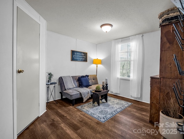 living area featuring dark hardwood / wood-style flooring and a textured ceiling