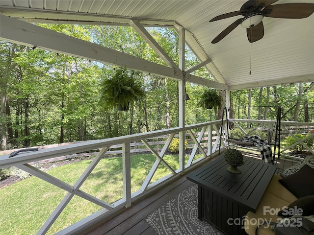 243 Buffalo Creek Rd, Lake Lure, NC 28746 - wooden deck with ceiling fan and a lawn