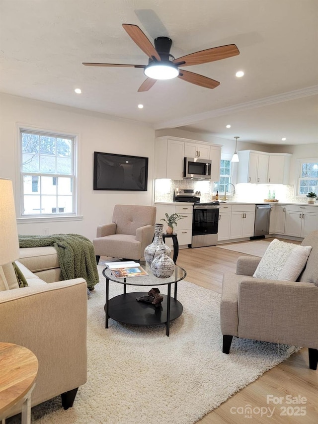 living room featuring sink, crown molding, a wealth of natural light, and light wood-type flooring