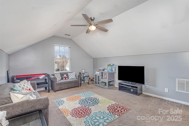 living room with light colored carpet, visible vents, vaulted ceiling, and ceiling fan