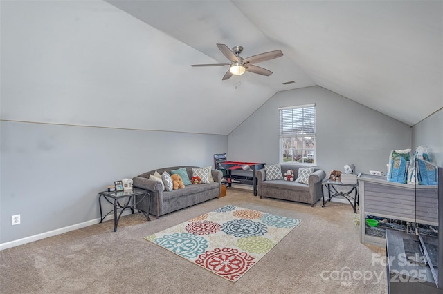 living area featuring lofted ceiling, light carpet, visible vents, baseboards, and a ceiling fan