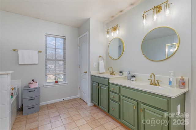 full bathroom featuring tile patterned flooring, a sink, a bathing tub, and double vanity