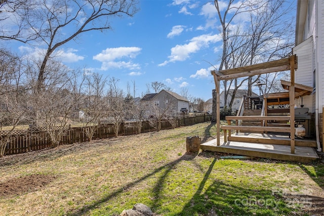 view of yard with a fenced backyard and a deck