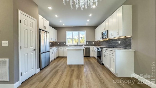 kitchen featuring white cabinetry, a center island, light hardwood / wood-style flooring, stainless steel appliances, and backsplash