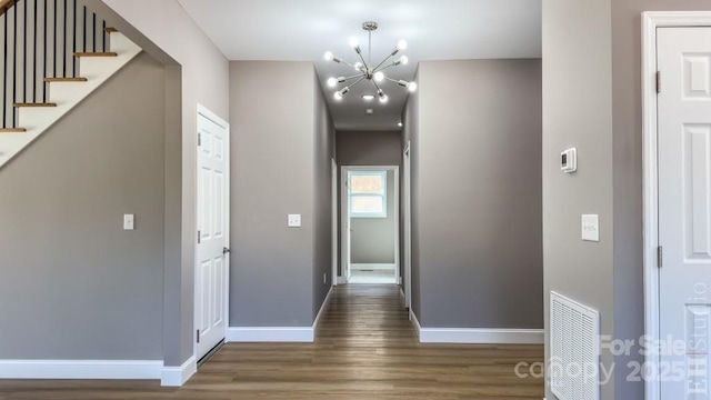 hallway featuring dark hardwood / wood-style flooring and a notable chandelier