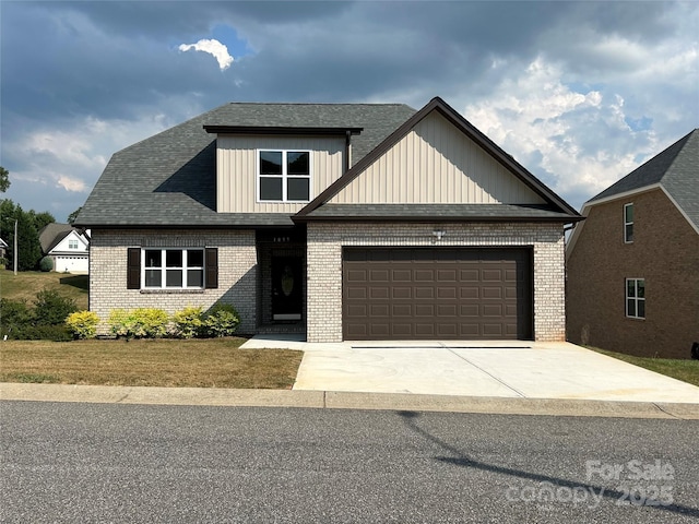 1057 12th Avenue Dr NW, Hickory, NC 28601 - craftsman-style home with brick siding, board and batten siding, an attached garage, driveway, and a shingled roof