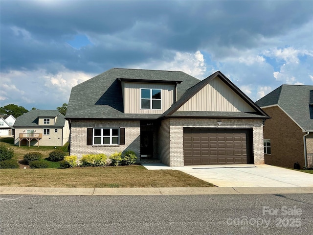 1057 12th Avenue Dr NW, Hickory, NC 28601 - view of front of house with brick siding, board and batten siding, a garage, driveway, and a front lawn