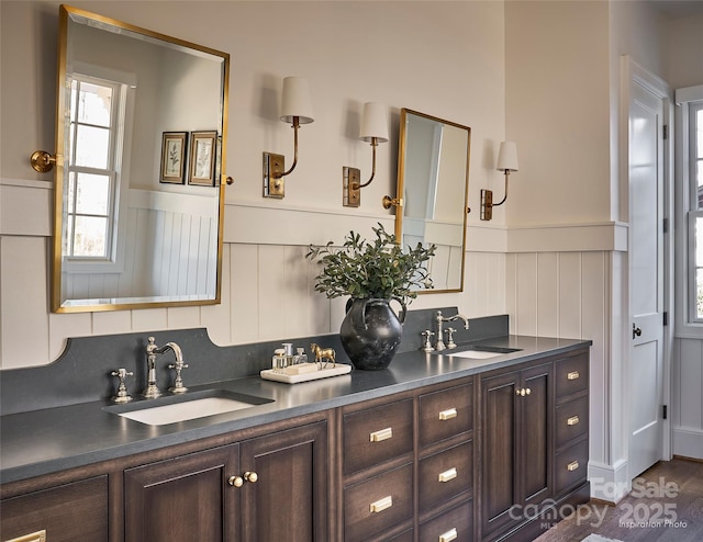 bathroom with a sink, wainscoting, and double vanity