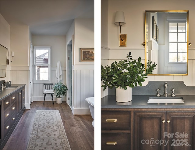 full bathroom featuring vanity, a wainscoted wall, and wood finished floors