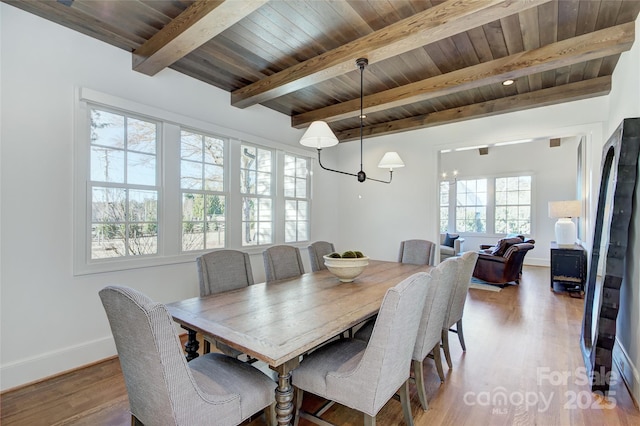 dining space with baseboards, wooden ceiling, wood finished floors, and beamed ceiling