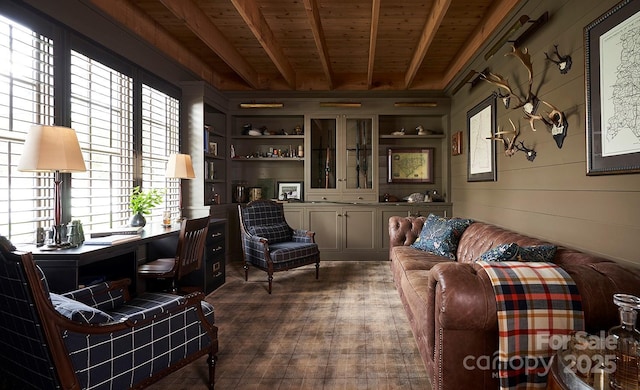 sitting room featuring wood ceiling, wood walls, and beamed ceiling