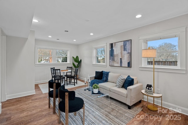 living room with ornamental molding, plenty of natural light, and hardwood / wood-style floors