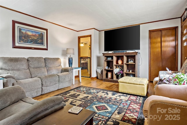 living room featuring ornamental molding and light wood-type flooring