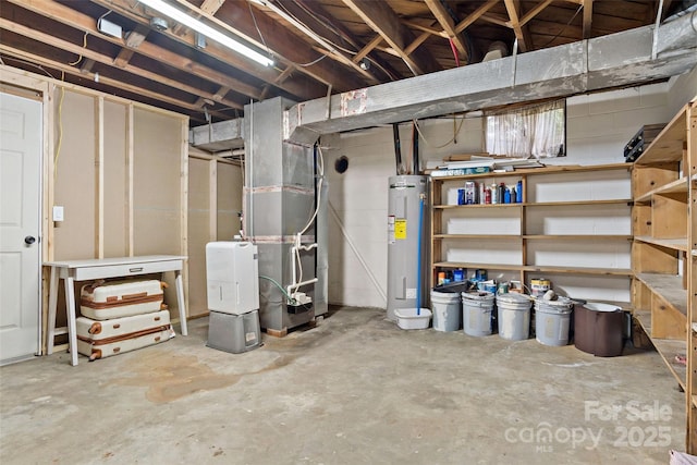 basement with heating unit and electric water heater