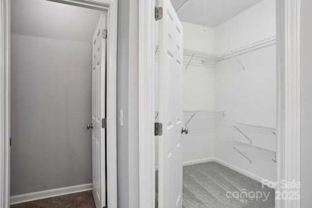 spacious closet with dark colored carpet