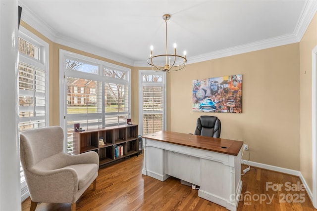 office with crown molding, a notable chandelier, and light wood-type flooring