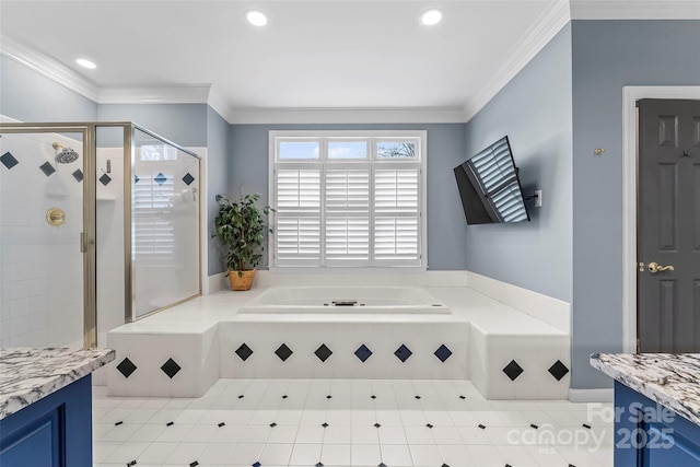 bathroom featuring crown molding, vanity, and shower with separate bathtub