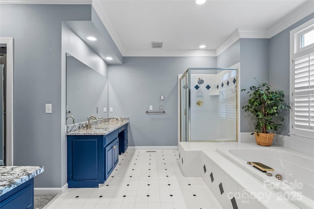 bathroom with crown molding, vanity, and independent shower and bath