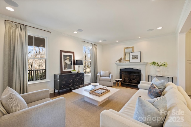 living room with ornamental molding and plenty of natural light