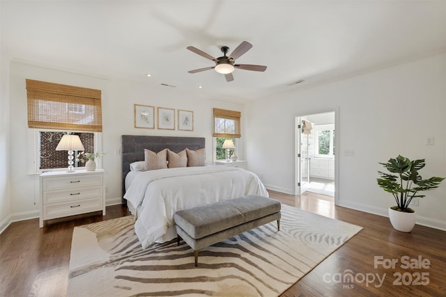 bedroom featuring dark hardwood / wood-style floors and ceiling fan