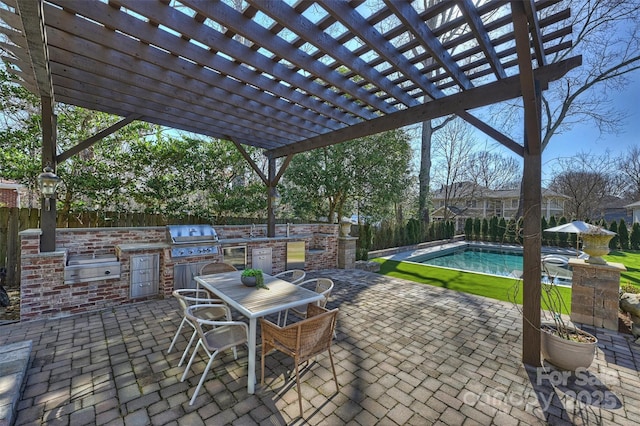 view of patio with a grill, a pergola, a fenced in pool, and exterior kitchen