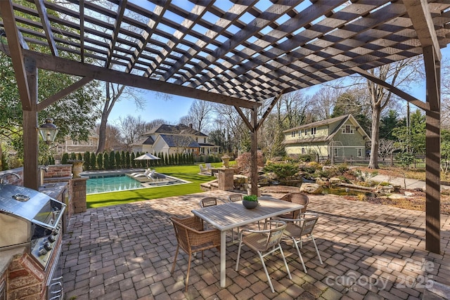 view of patio / terrace featuring a fenced in pool, a pergola, grilling area, and an outdoor kitchen