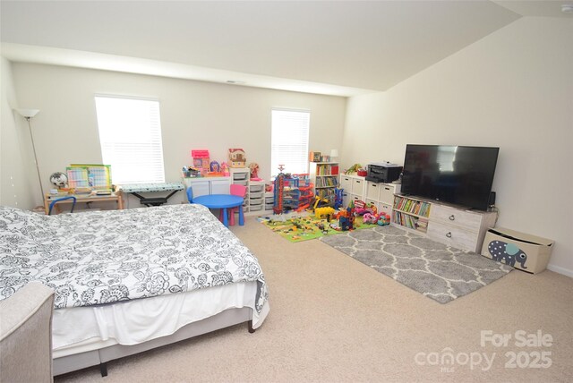 bedroom with lofted ceiling and carpet