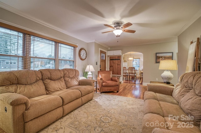 living room with crown molding, wood-type flooring, and ceiling fan