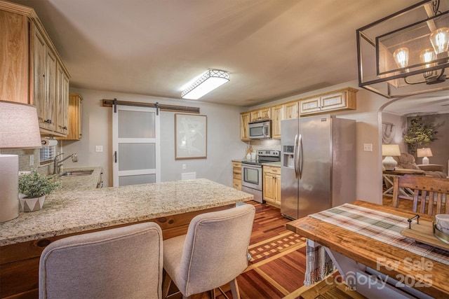 kitchen featuring tasteful backsplash, stainless steel appliances, a barn door, and light hardwood / wood-style flooring