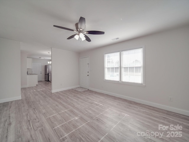 unfurnished living room featuring ceiling fan and light hardwood / wood-style floors