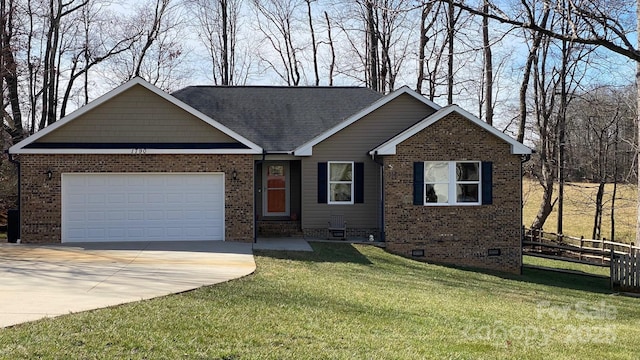 ranch-style home featuring driveway, a garage, crawl space, fence, and brick siding