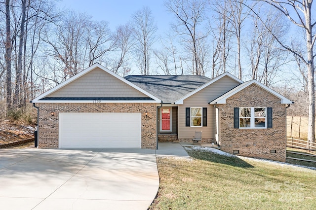 ranch-style home featuring crawl space, driveway, a garage, and brick siding