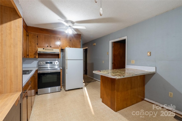 3581 Thompson St, Newton, NC 28658 - kitchen featuring stainless steel electric range oven, freestanding refrigerator, brown cabinetry, light countertops, and a textured ceiling