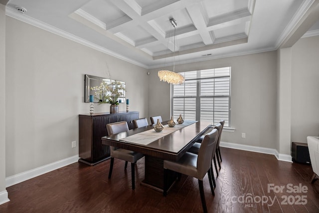 dining space featuring beam ceiling, ornamental molding, coffered ceiling, and dark hardwood / wood-style flooring