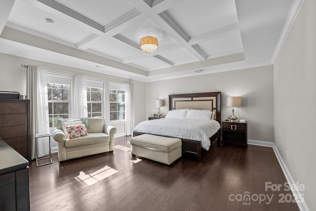 bedroom with coffered ceiling, beam ceiling, ornamental molding, and dark hardwood / wood-style floors