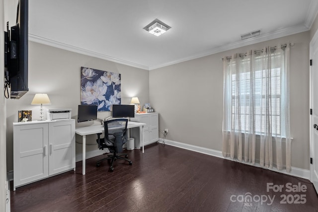 home office featuring crown molding and dark hardwood / wood-style flooring